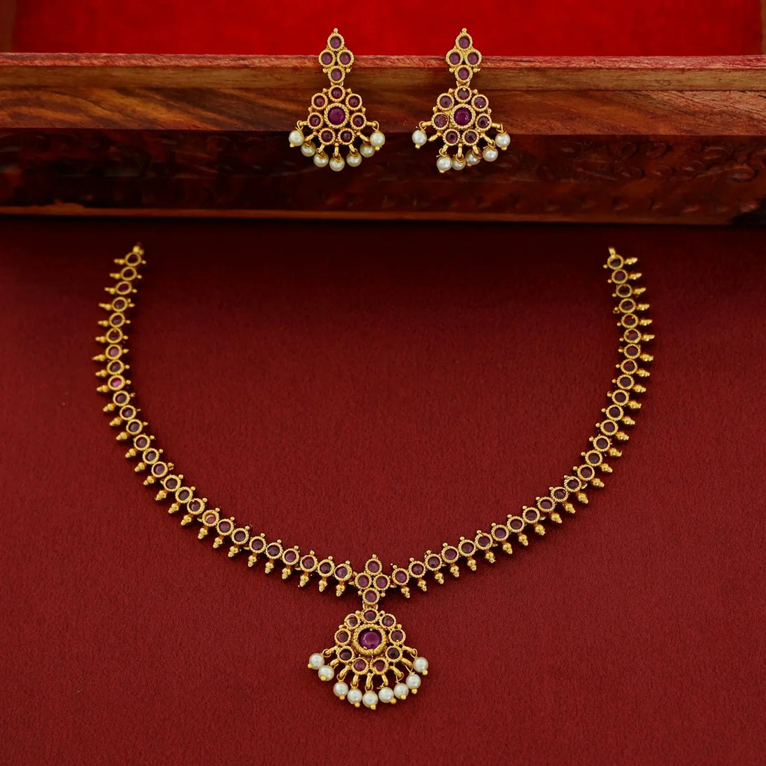Ruby Stone Gold Plated American Diamond Necklace Set