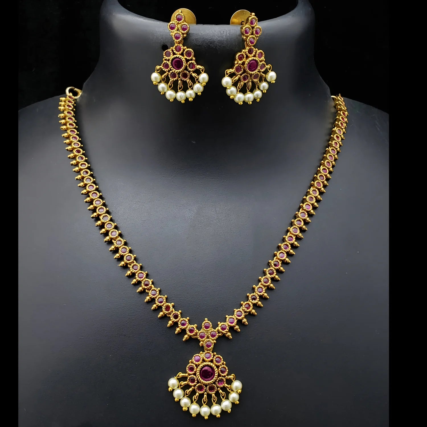 Ruby Stone Gold Plated American Diamond Necklace Set