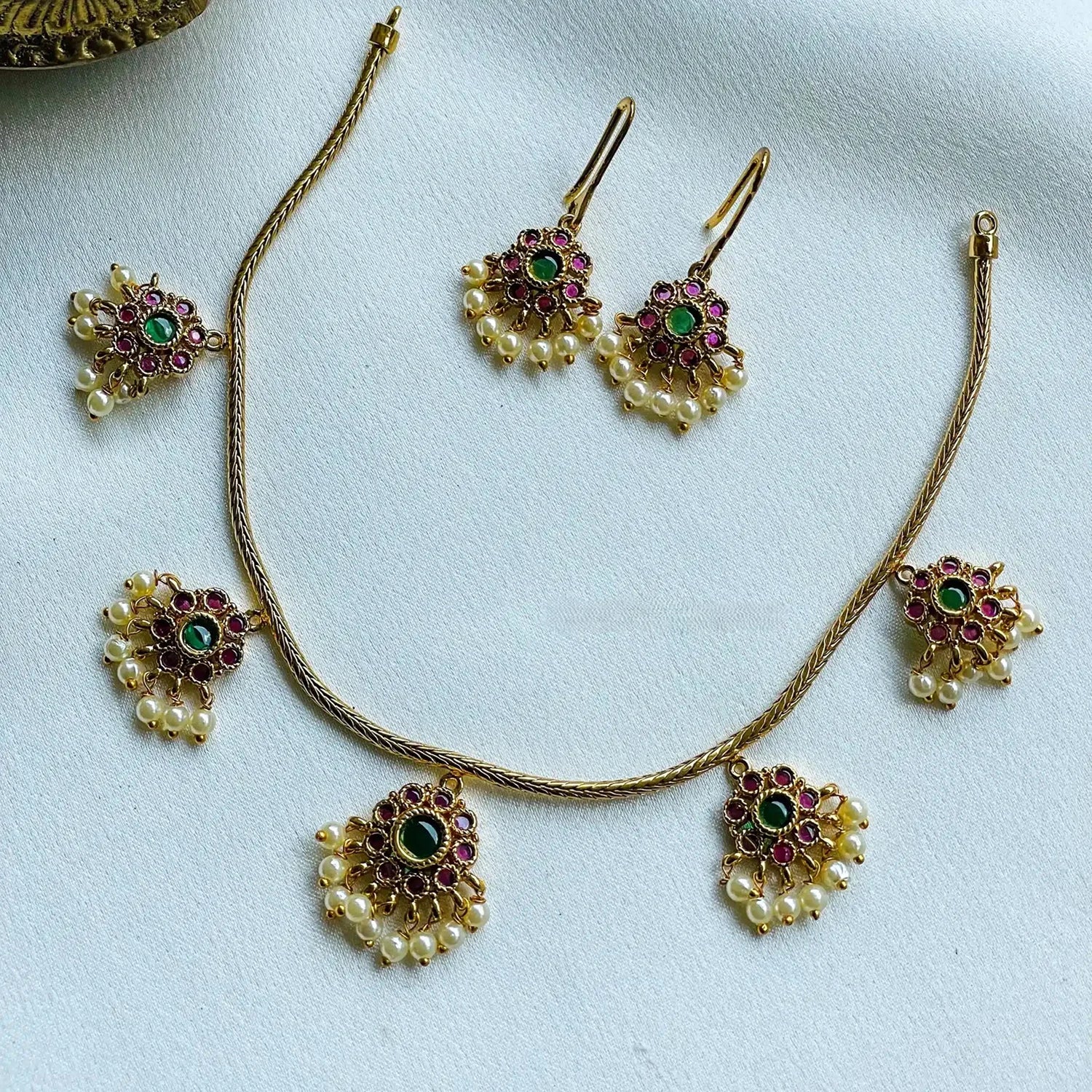Green Ruby Stone Gold Plated American Diamond Necklace Set