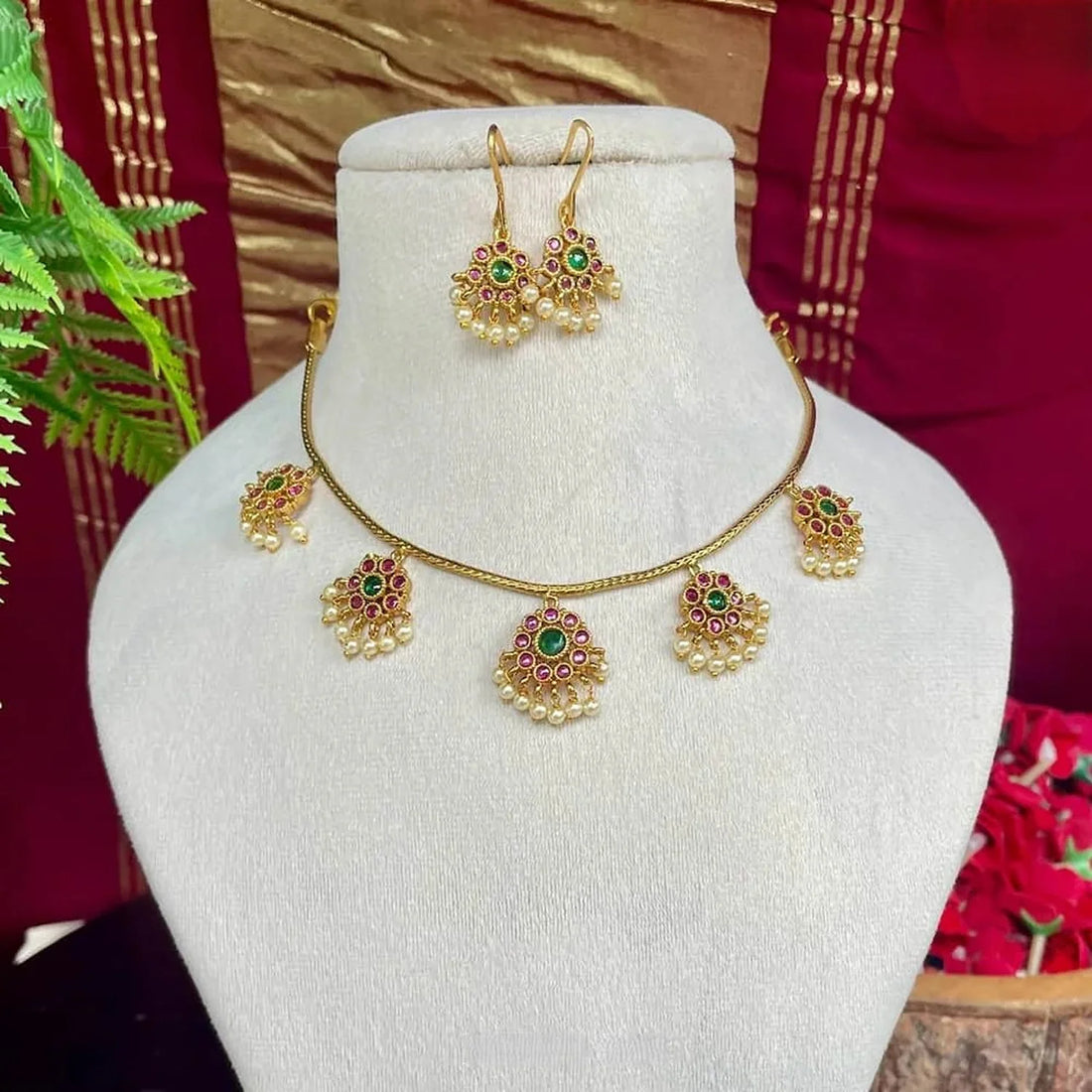 Green Ruby Stone Gold Plated American Diamond Necklace Set