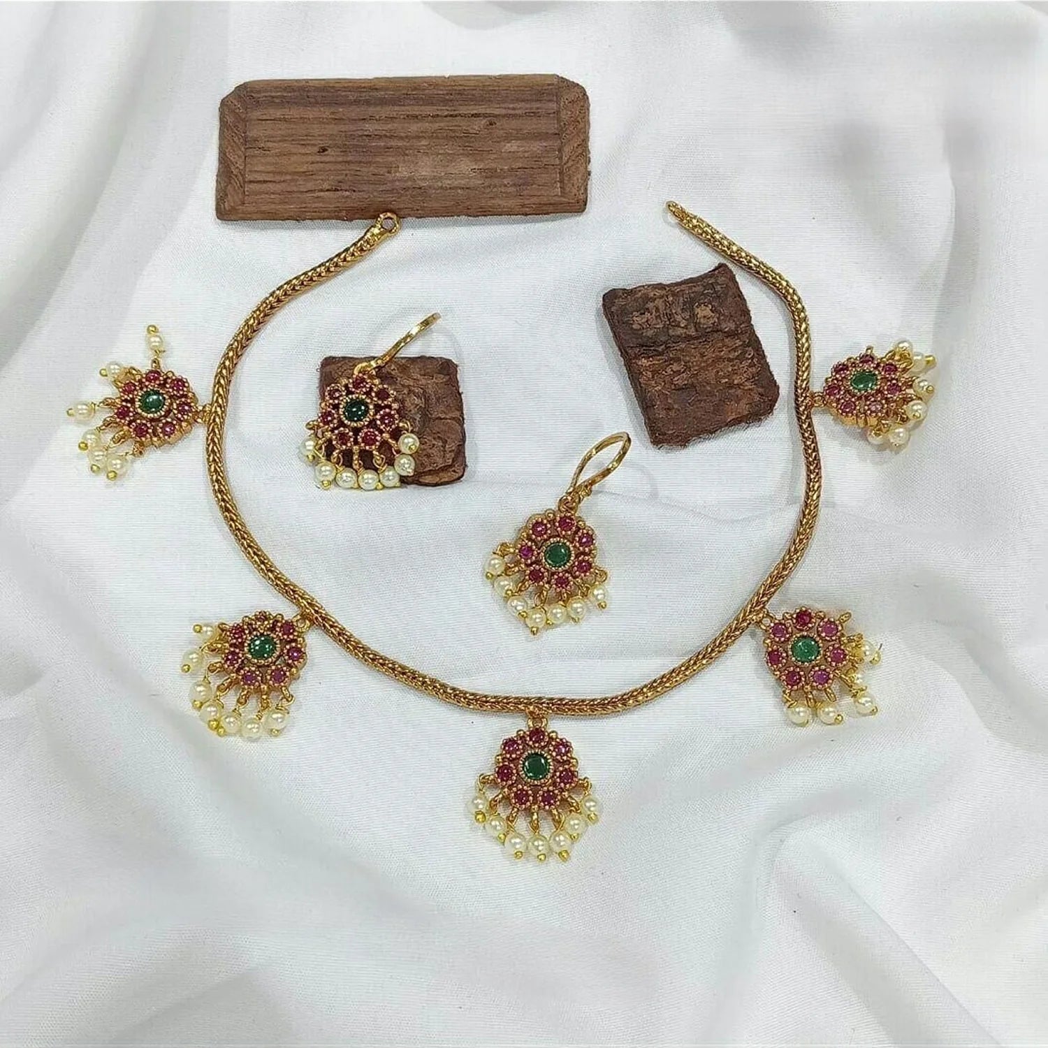 Green Ruby Stone Gold Plated American Diamond Necklace Set