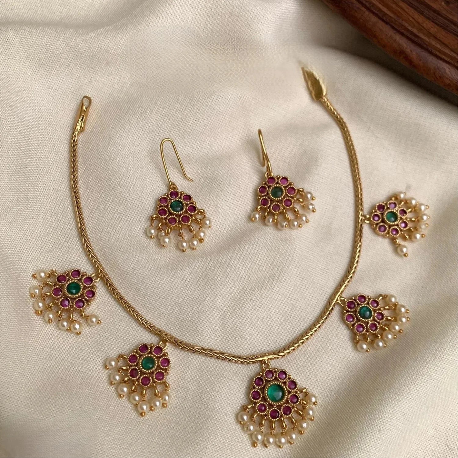 Green Ruby Stone Gold Plated American Diamond Necklace Set
