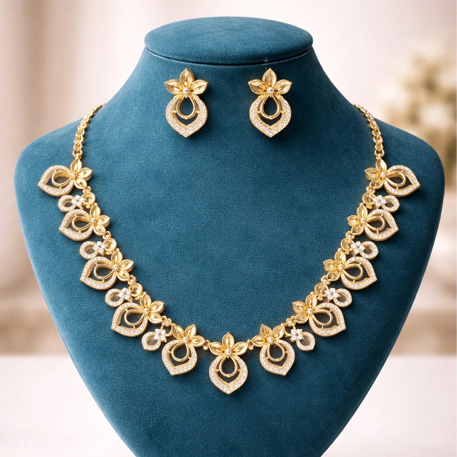Floral Gold Plated American Diamond Necklace Set