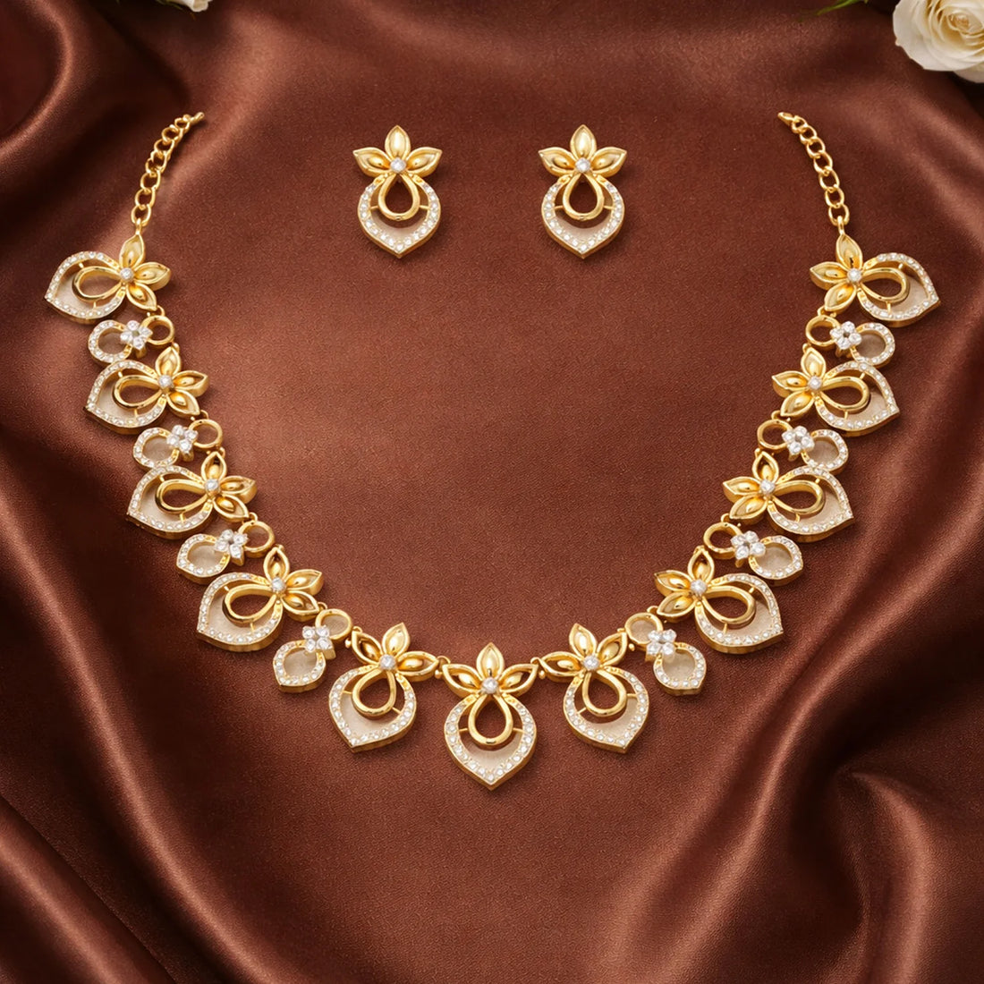 Floral Gold Plated American Diamond Necklace Set