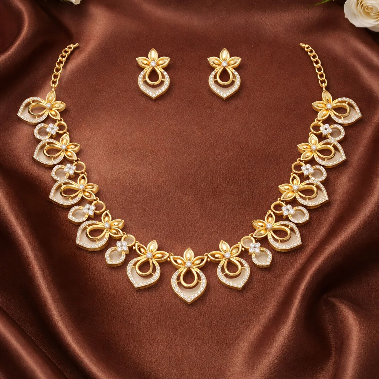 Floral Gold Plated American Diamond Necklace Set