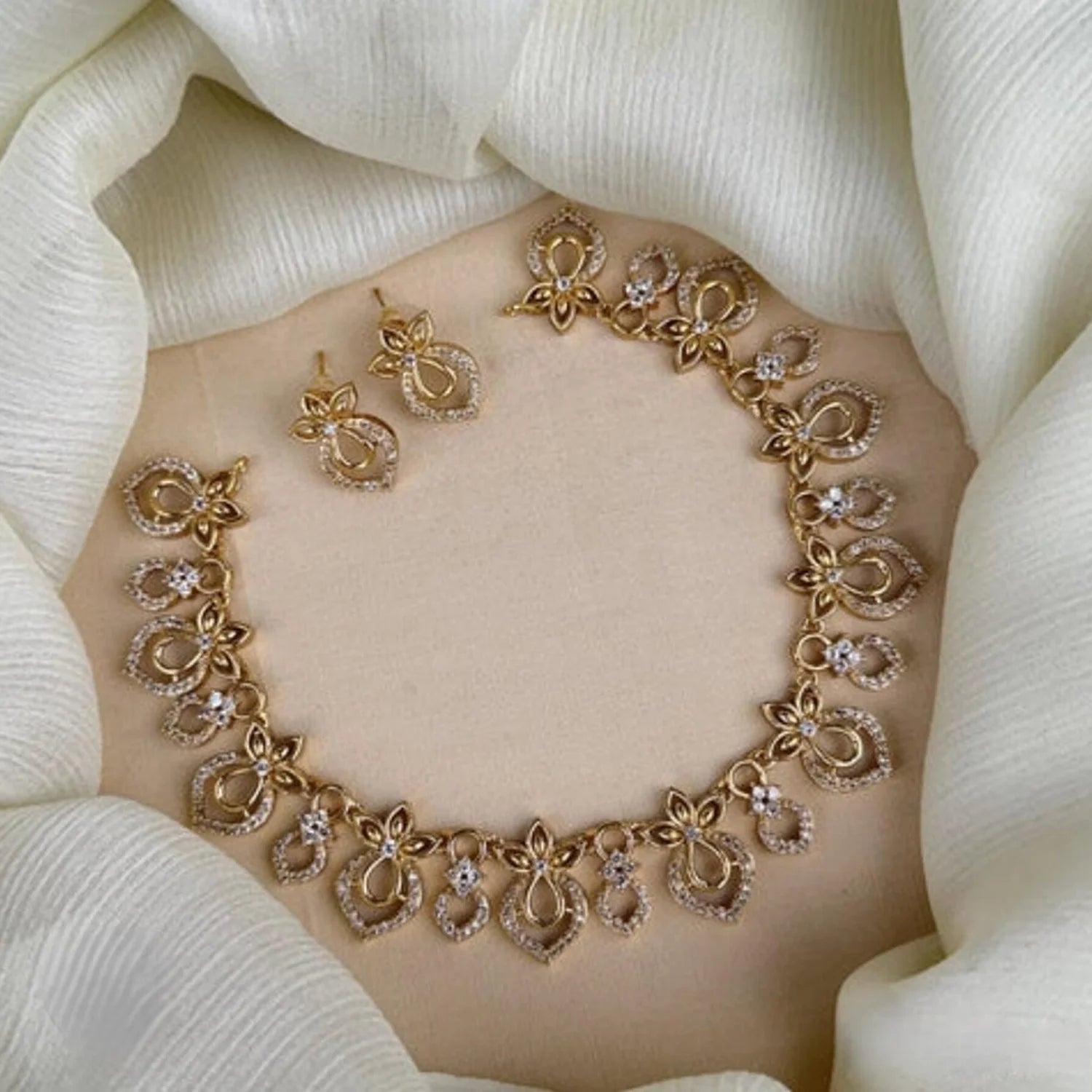 Floral Gold Plated American Diamond Necklace Set