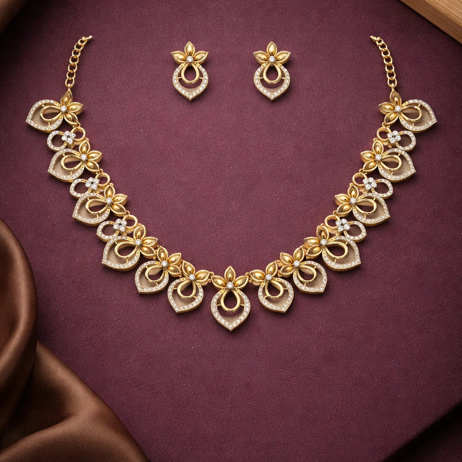 Floral Gold Plated American Diamond Necklace Set