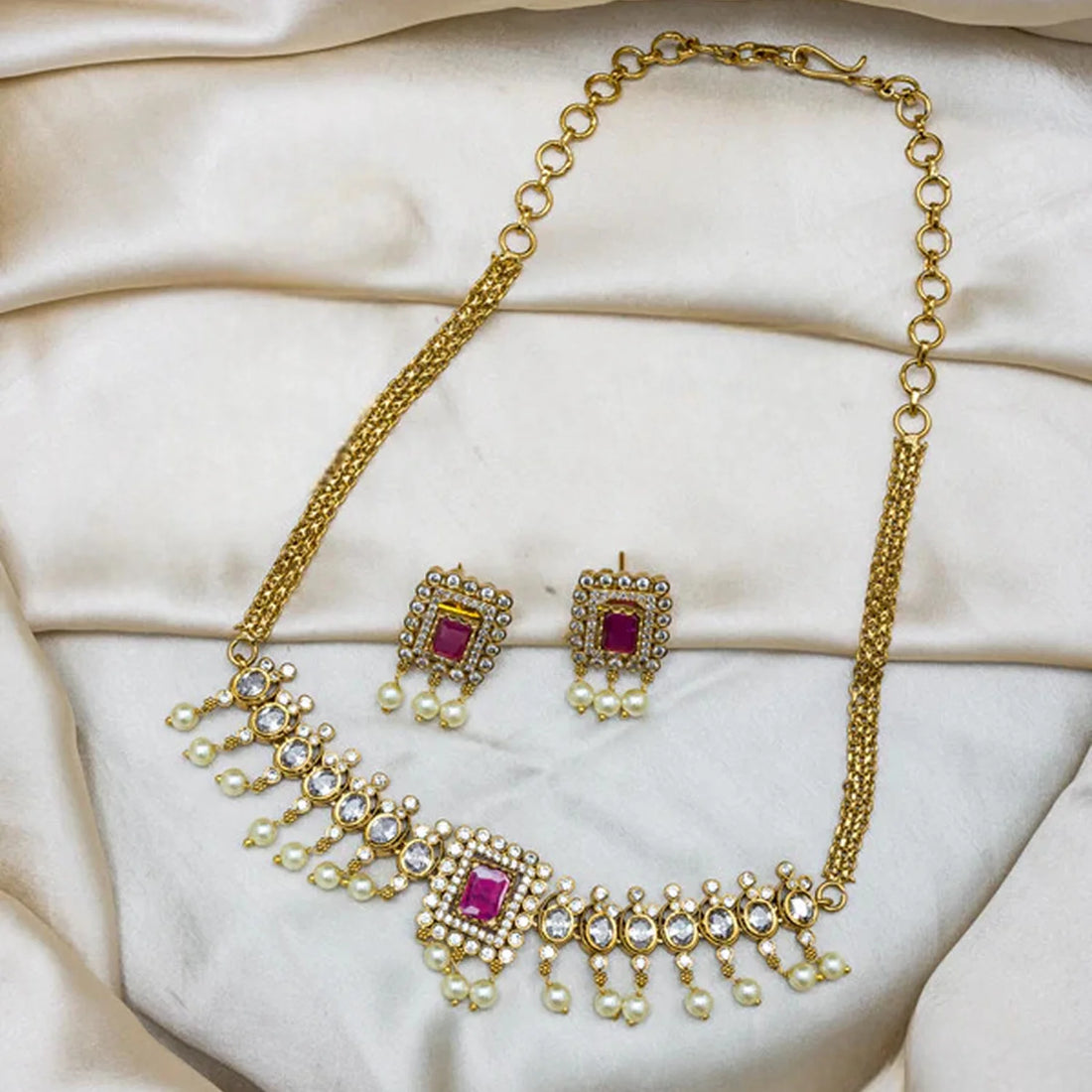 Ruby Stone Gold Plated American Diamond Necklace Set