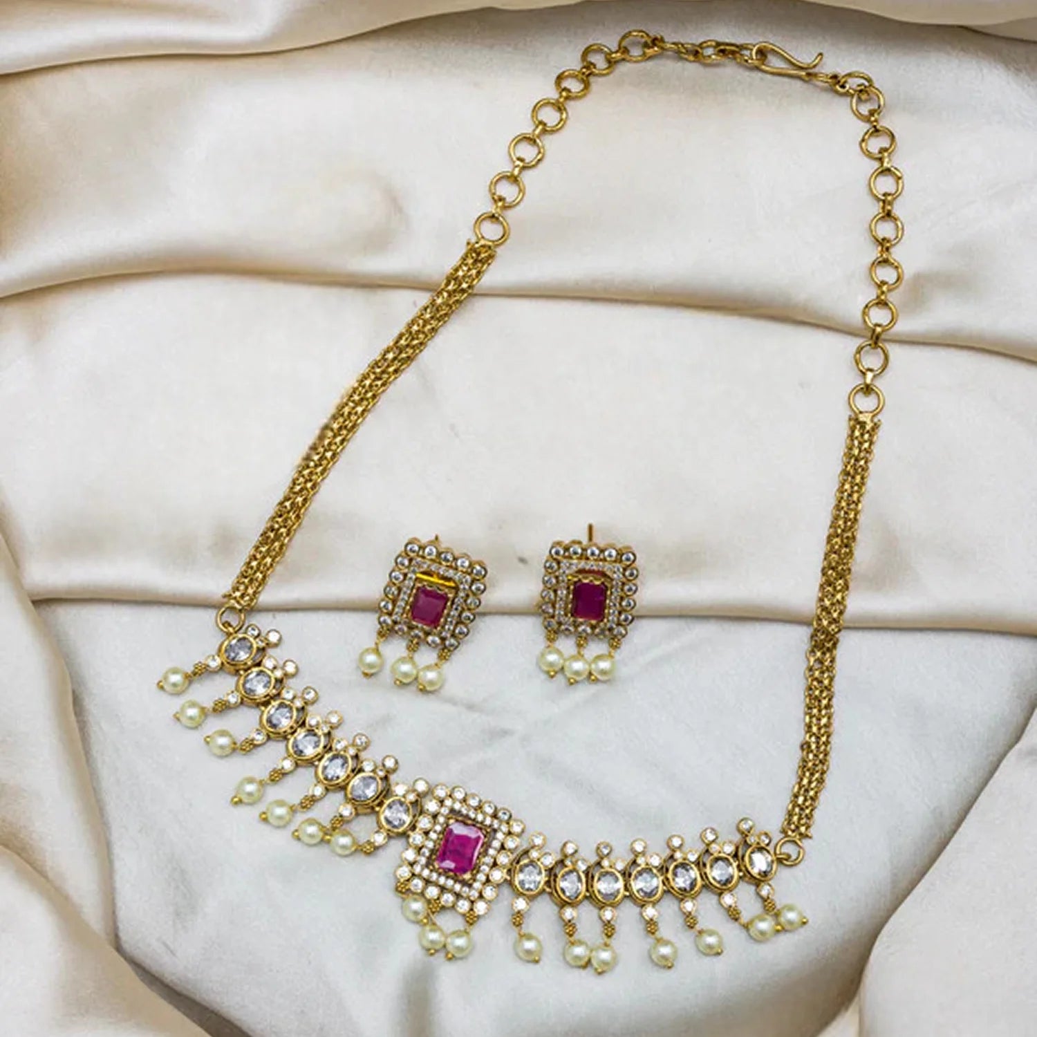 Ruby Stone Gold Plated American Diamond Necklace Set