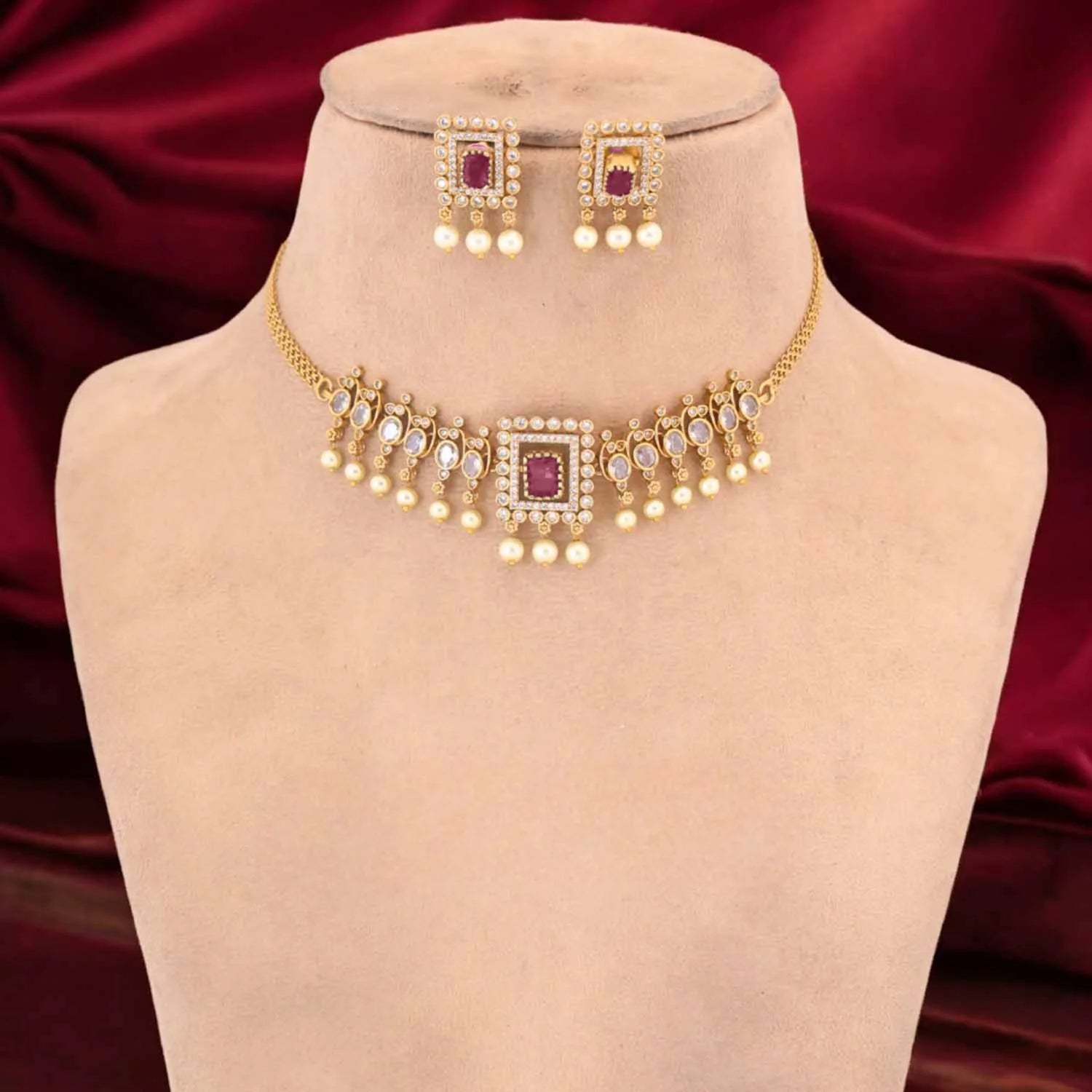 Ruby Stone Gold Plated American Diamond Necklace Set