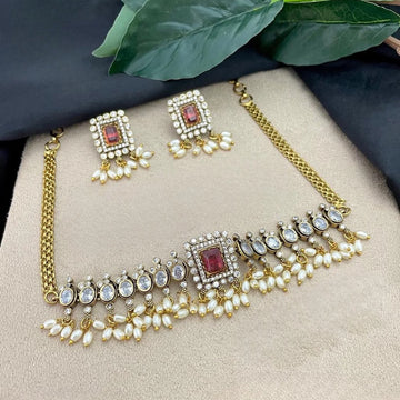 Ruby Stone Gold Plated American Diamond Necklace Set