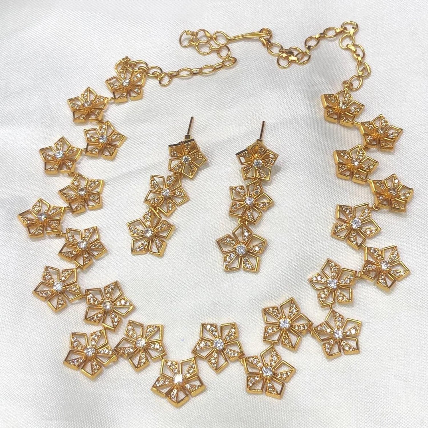 Floral American Diamond Gold Plated Necklace Set