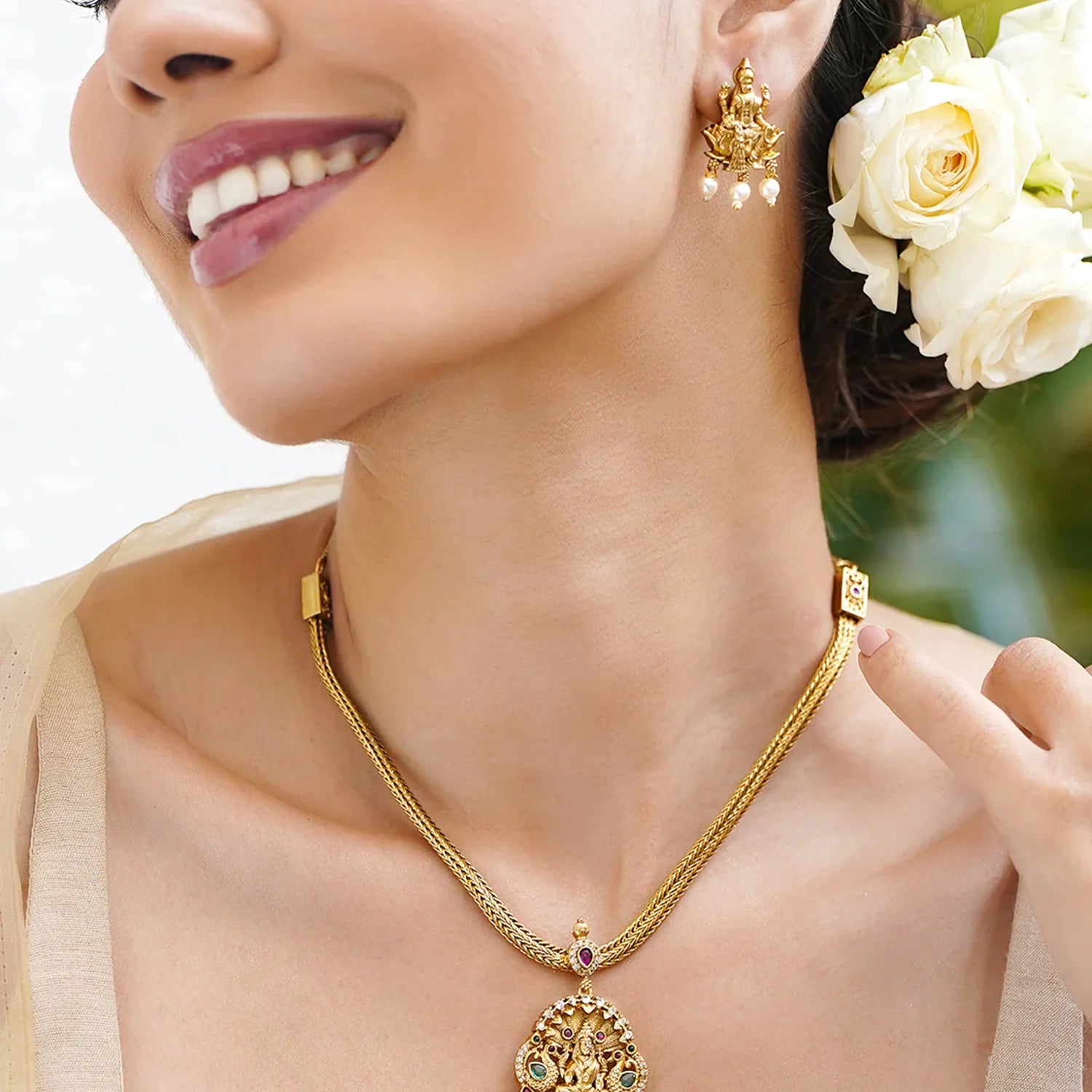 Temple Lakshmi Gold Plated American Diamond Necklace Set
