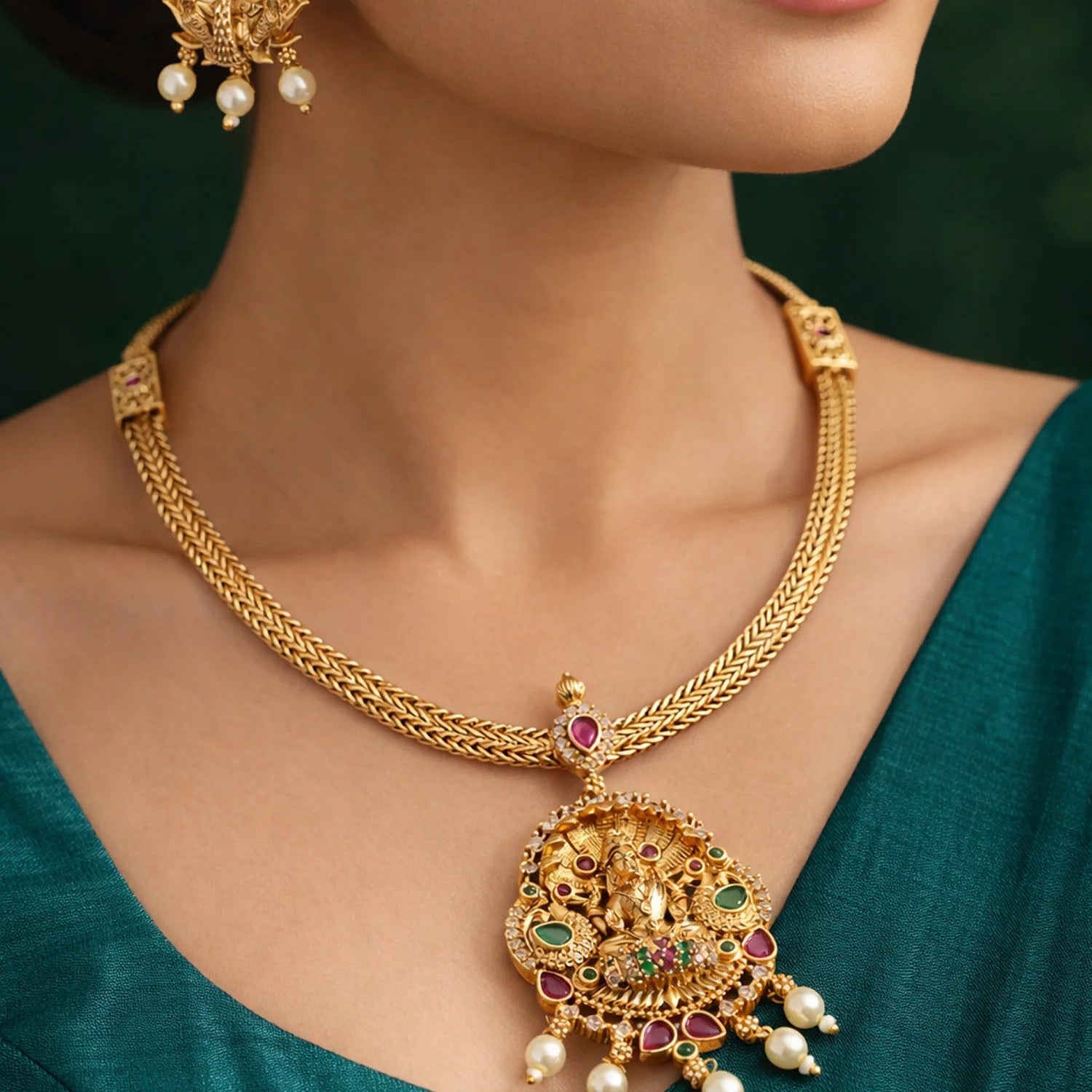 Temple Lakshmi Gold Plated American Diamond Necklace Set