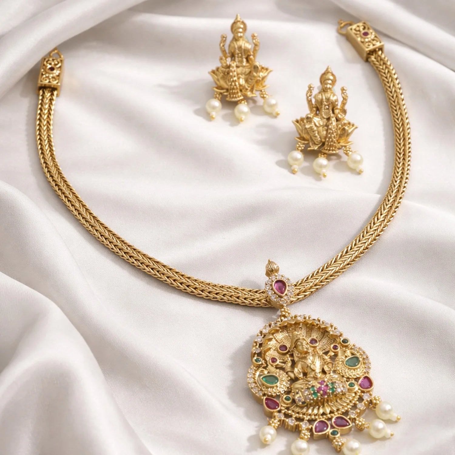 Temple Lakshmi Gold Plated American Diamond Necklace Set