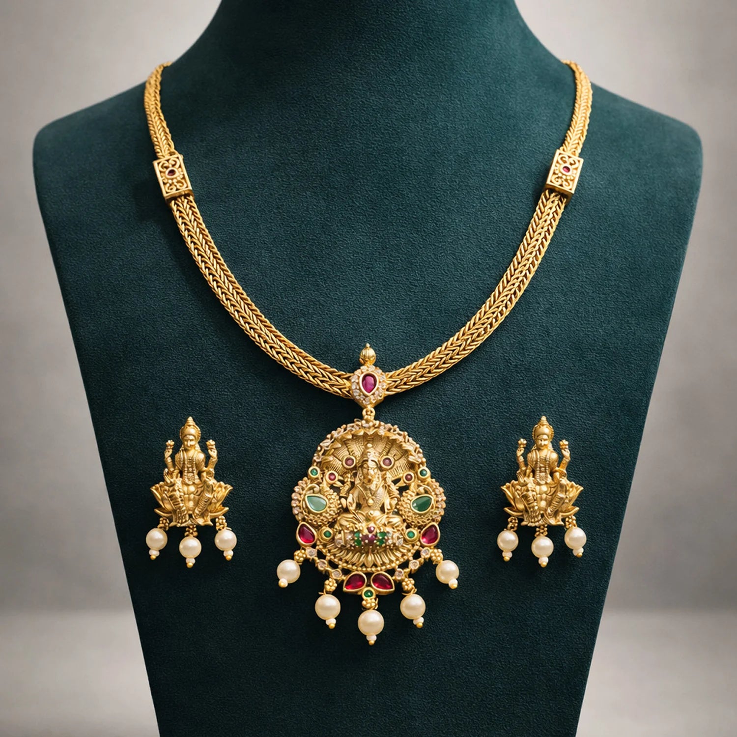 Temple Lakshmi Gold Plated American Diamond Necklace Set