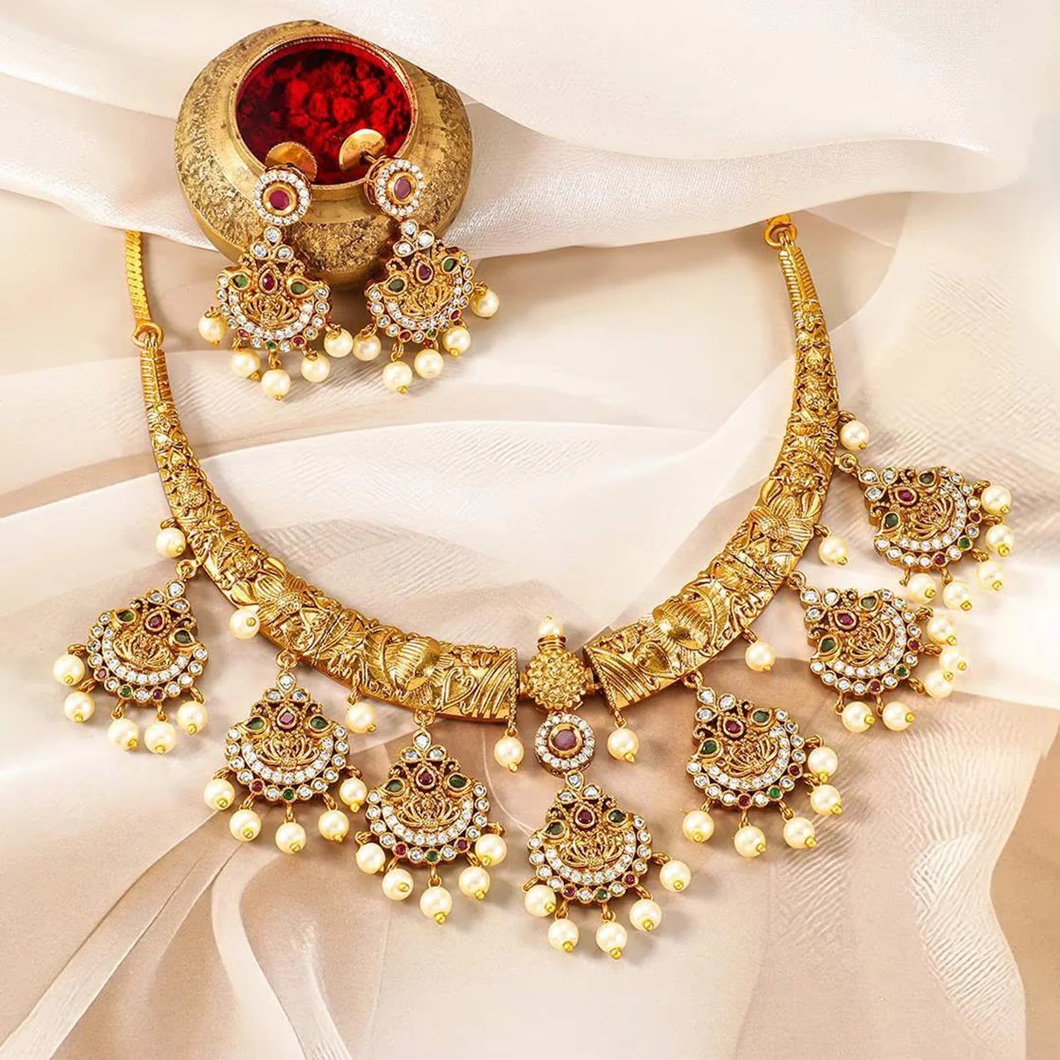 Lakshmi Temple Gold Plated American Diamond Necklace Set