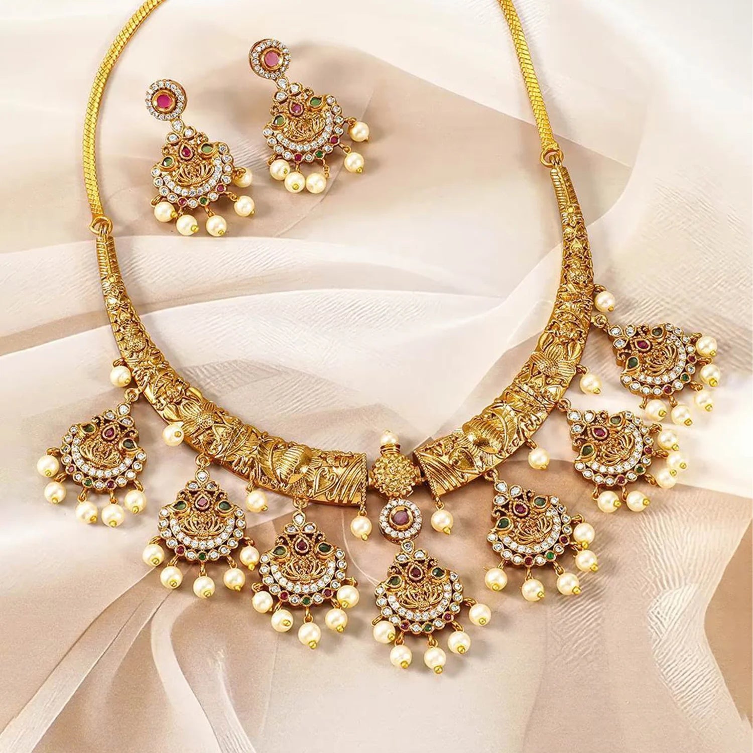 Lakshmi Temple Gold Plated American Diamond Necklace Set