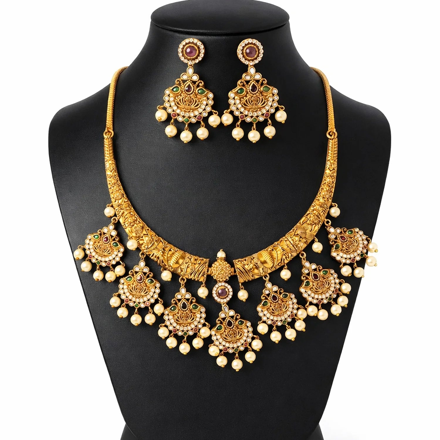 Lakshmi Temple Gold Plated American Diamond Necklace Set