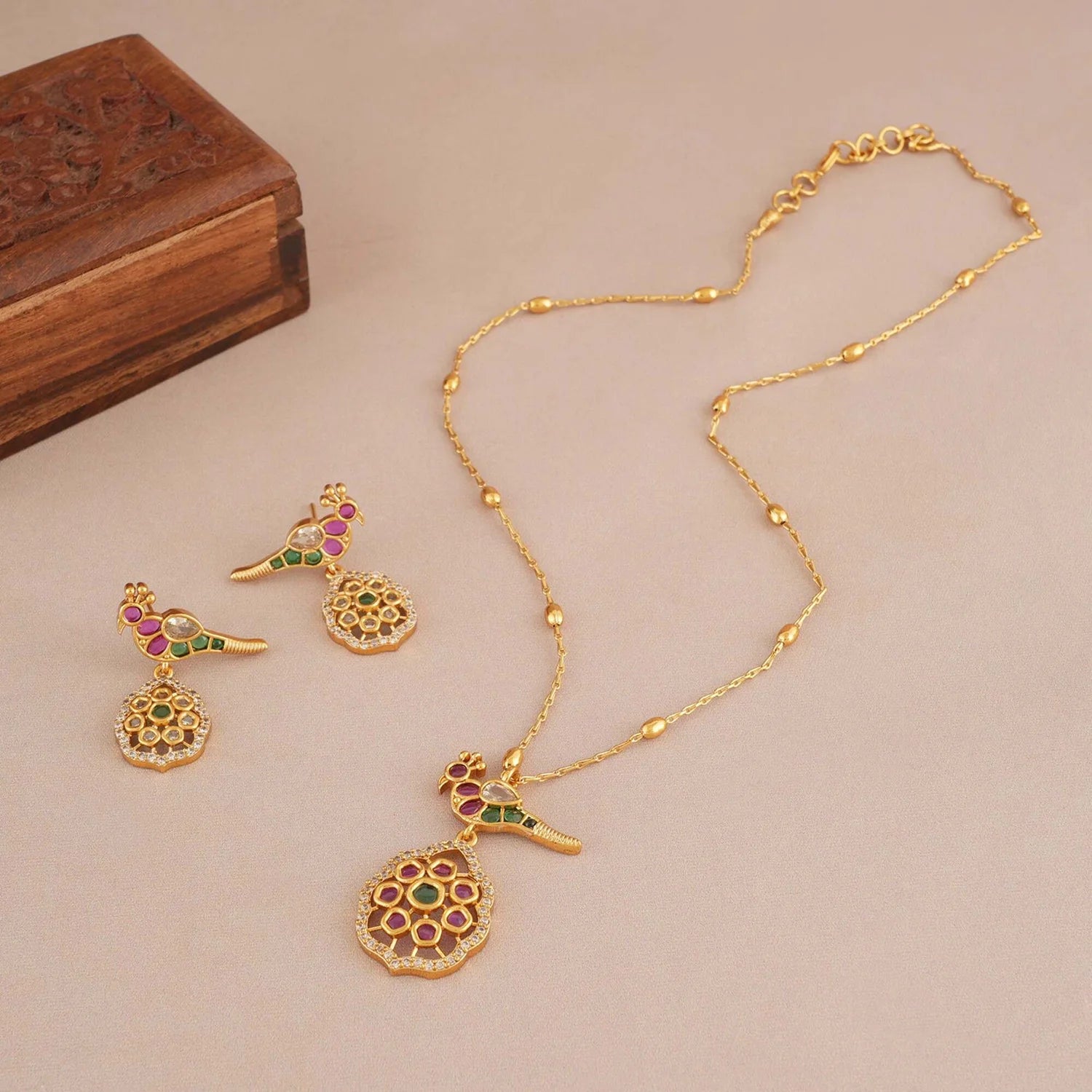 Peacock Design Gold Plated American Diamond Pendant Set