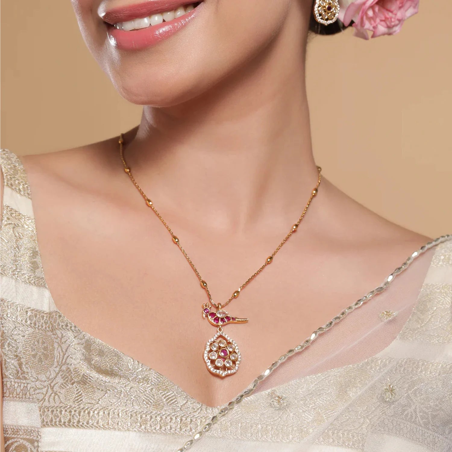 Peacock Design Gold Plated American Diamond Pendant Set
