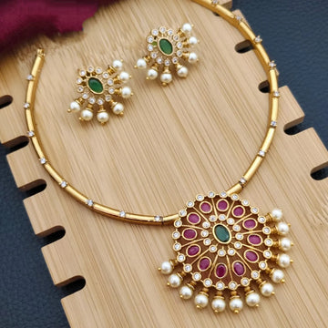 Ruby Green Stone Gold Plated American Diamond Necklace Set