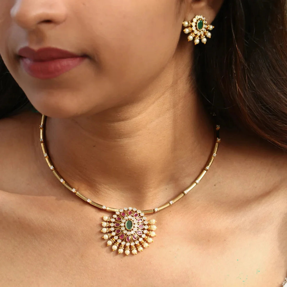 Ruby Green Stone Gold Plated American Diamond Necklace Set