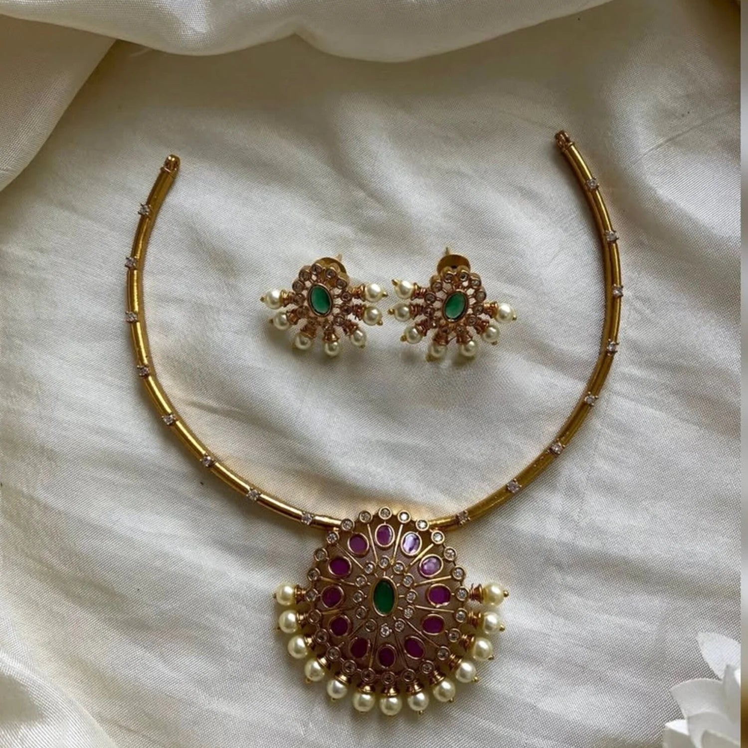 Ruby Green Stone Gold Plated American Diamond Necklace Set
