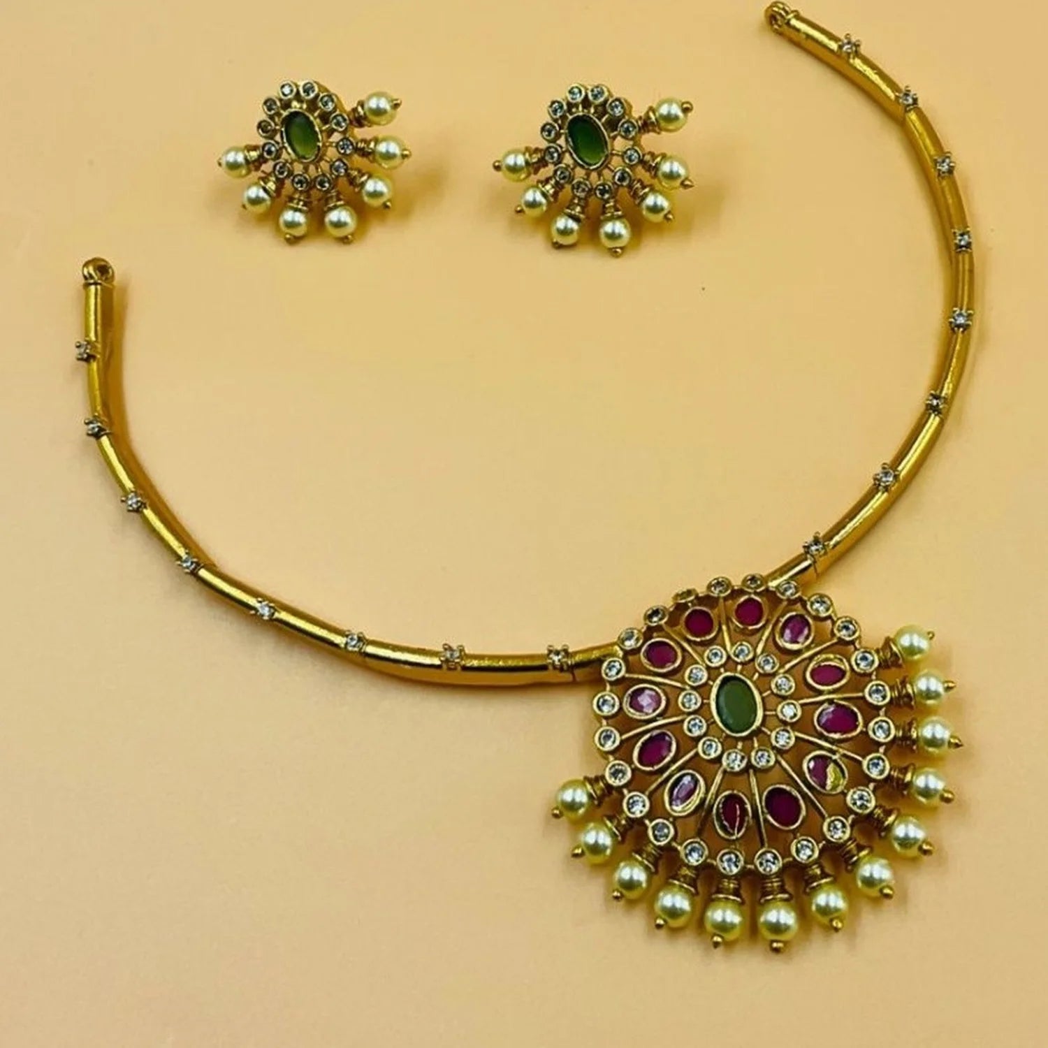 Ruby Green Stone Gold Plated American Diamond Necklace Set