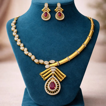 Ruby Drop Gold Plated American Diamond Necklace Set