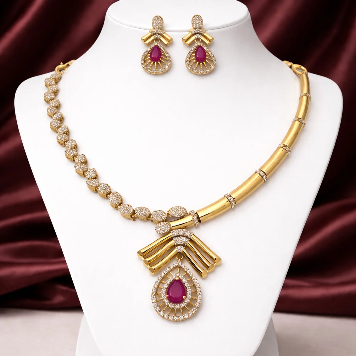 Ruby Drop Gold Plated American Diamond Necklace Set