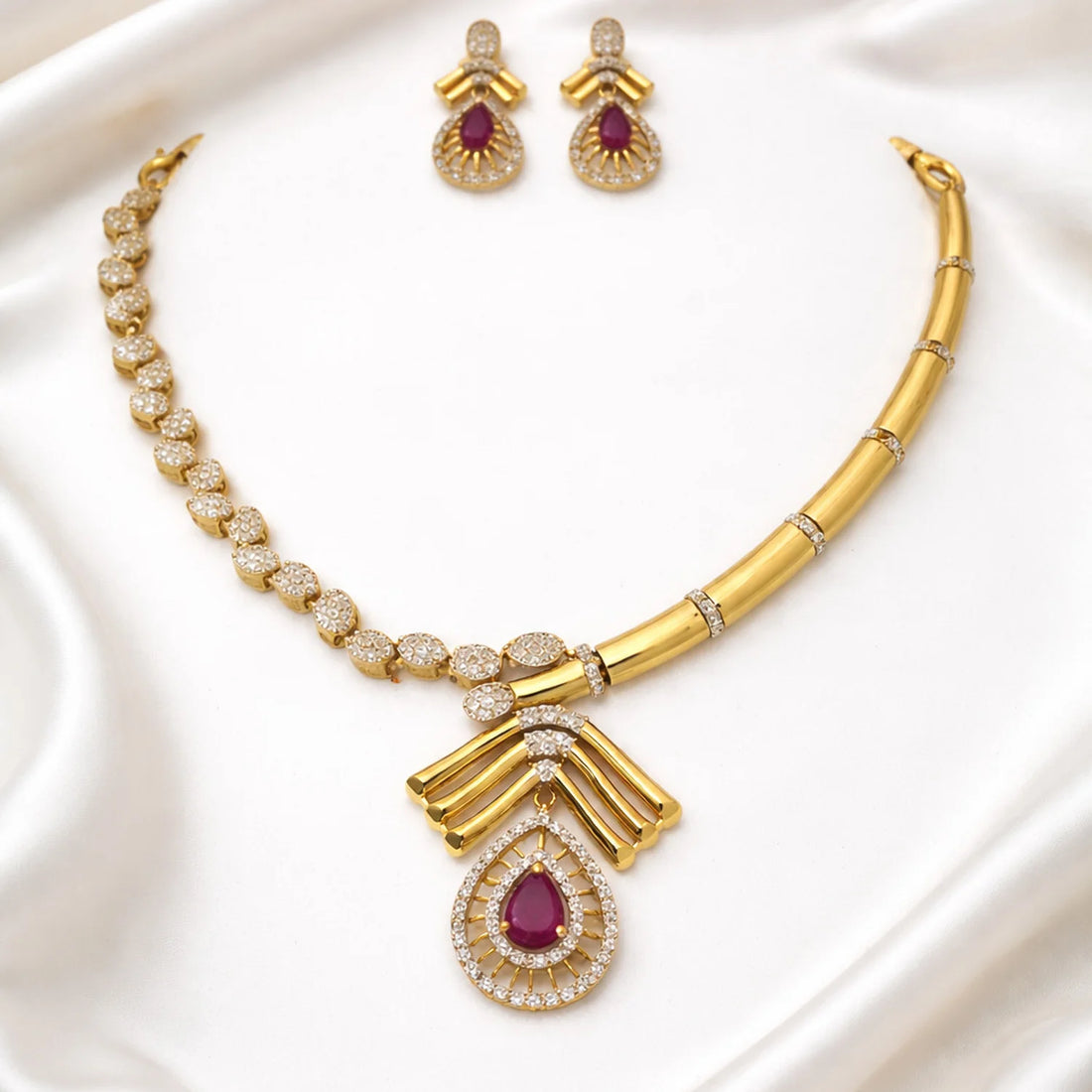 Ruby Drop Gold Plated American Diamond Necklace Set