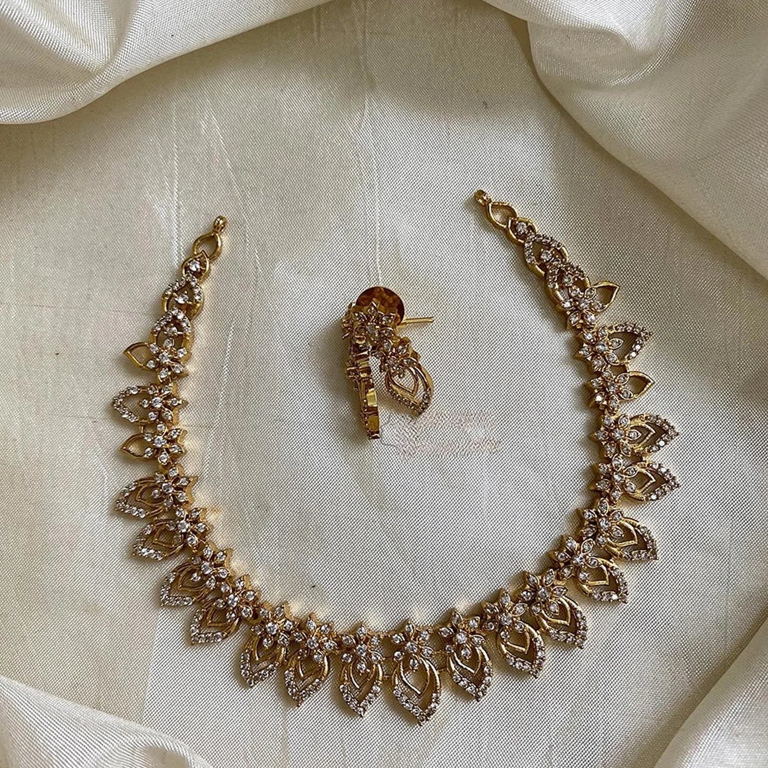 Floral Leaf Gold Plated American Diamond Necklace Set