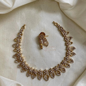 Floral Leaf Gold Plated American Diamond Necklace Set