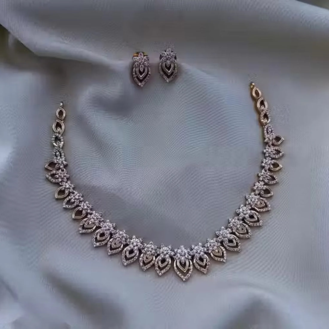 Floral Leaf Gold Plated American Diamond Necklace Set