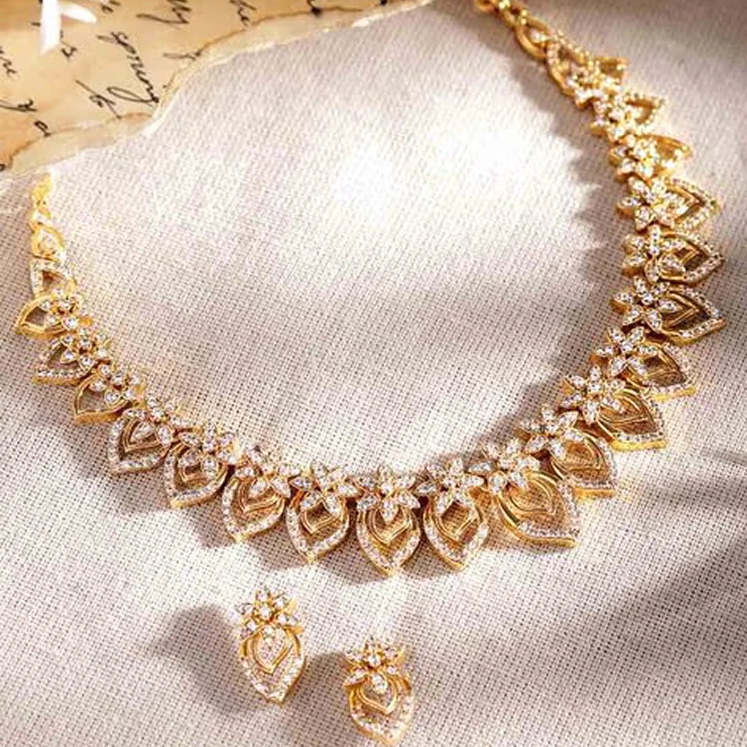Floral Leaf Gold Plated American Diamond Necklace Set