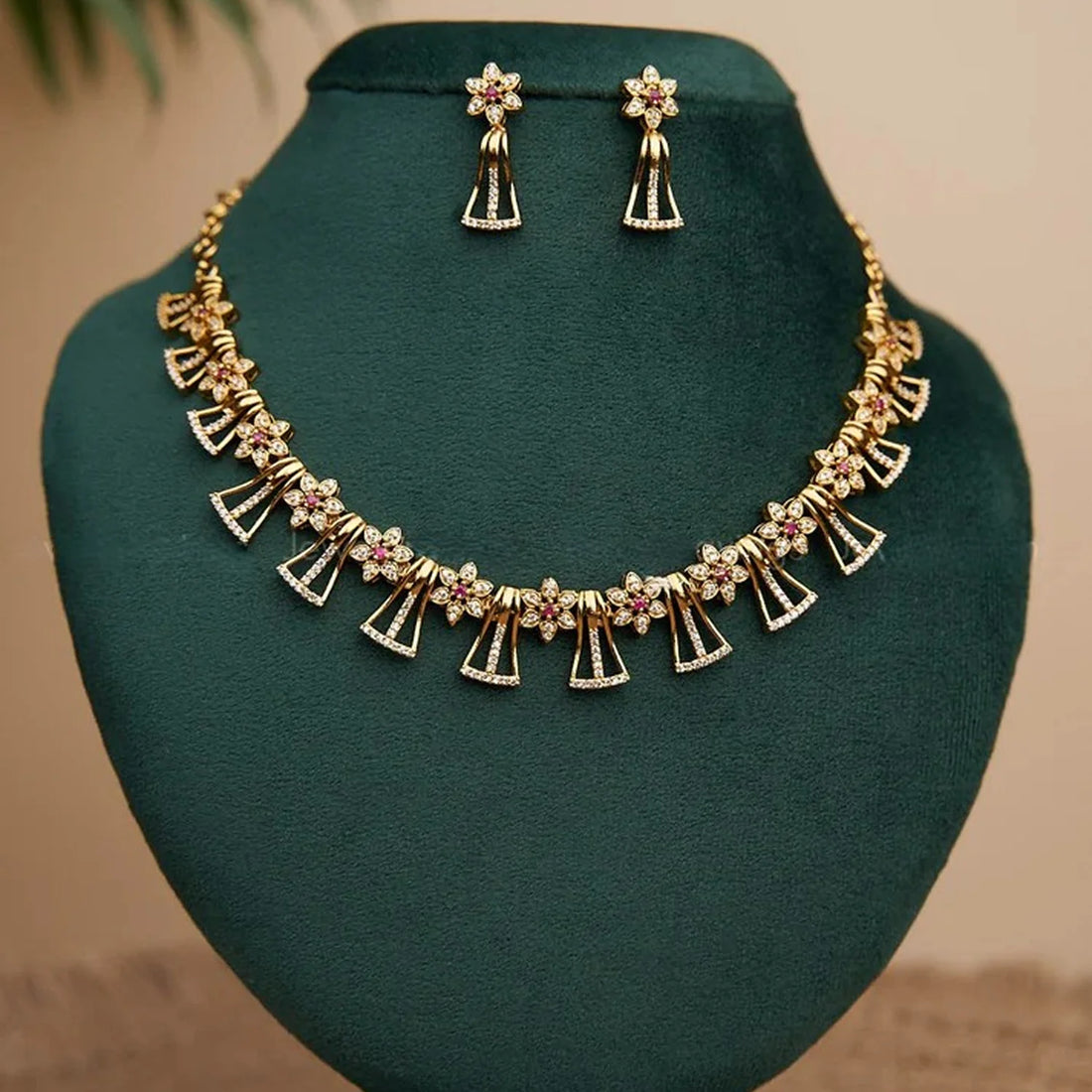 Floral Gold Plated American Diamond Necklace Set