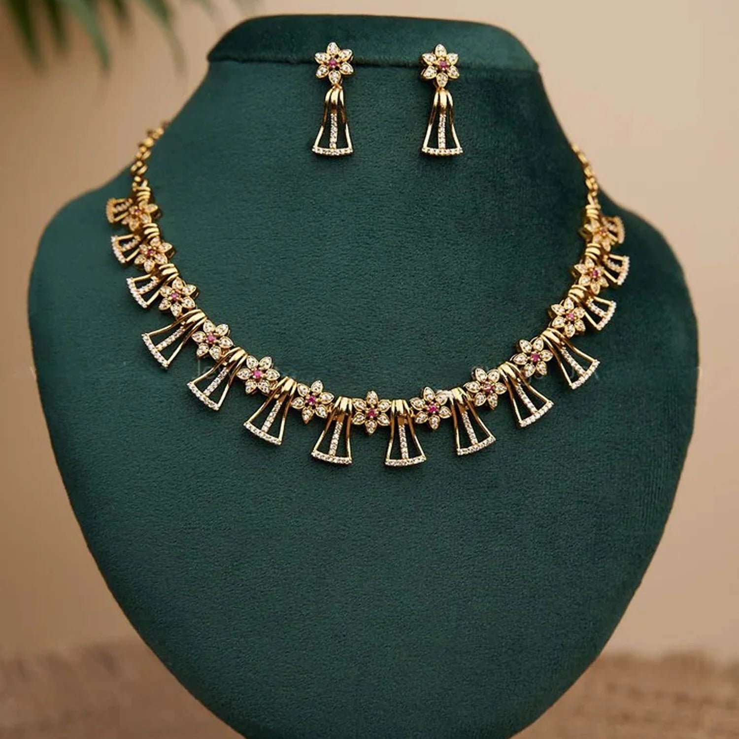 Floral Gold Plated American Diamond Necklace Set