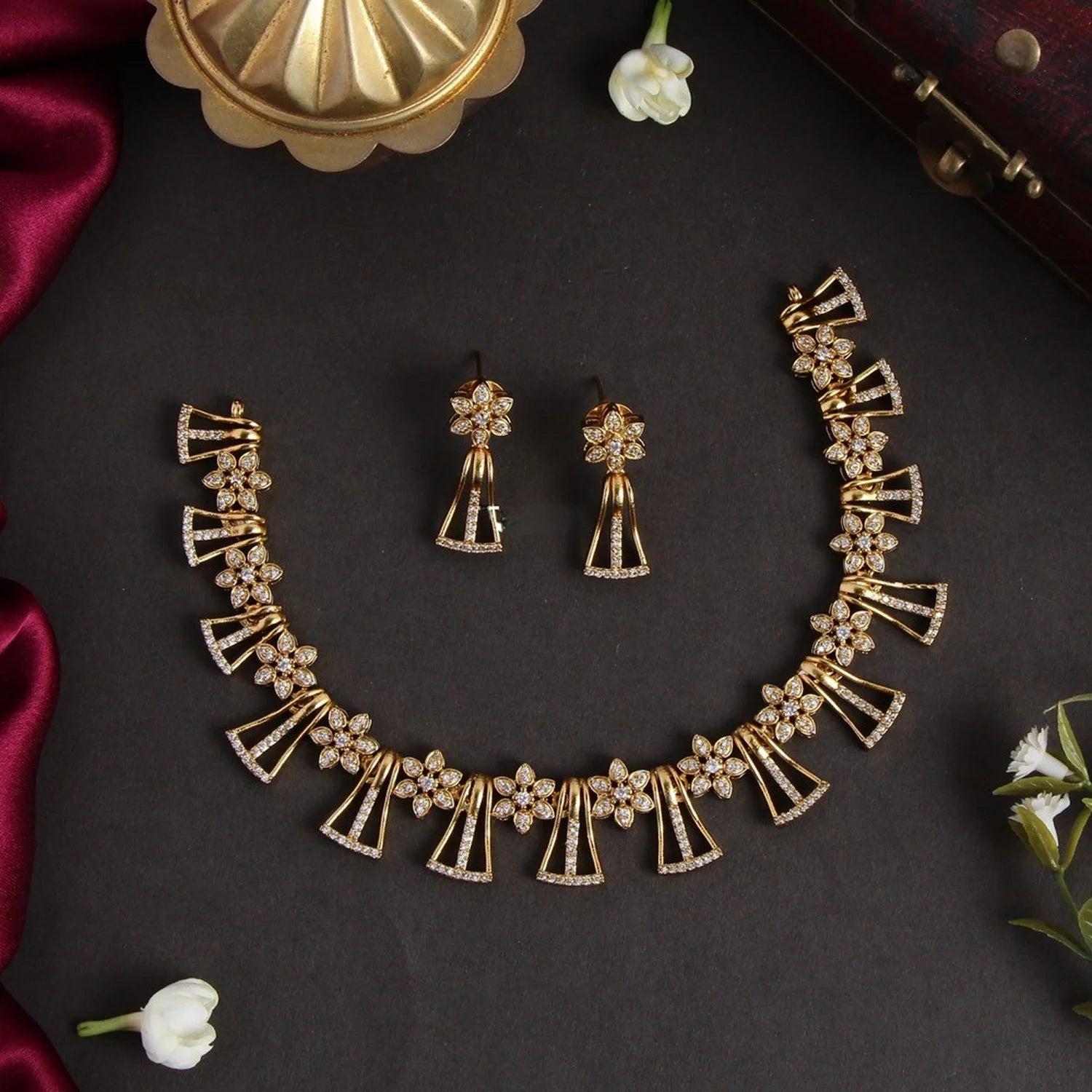 Floral Gold Plated American Diamond Necklace Set