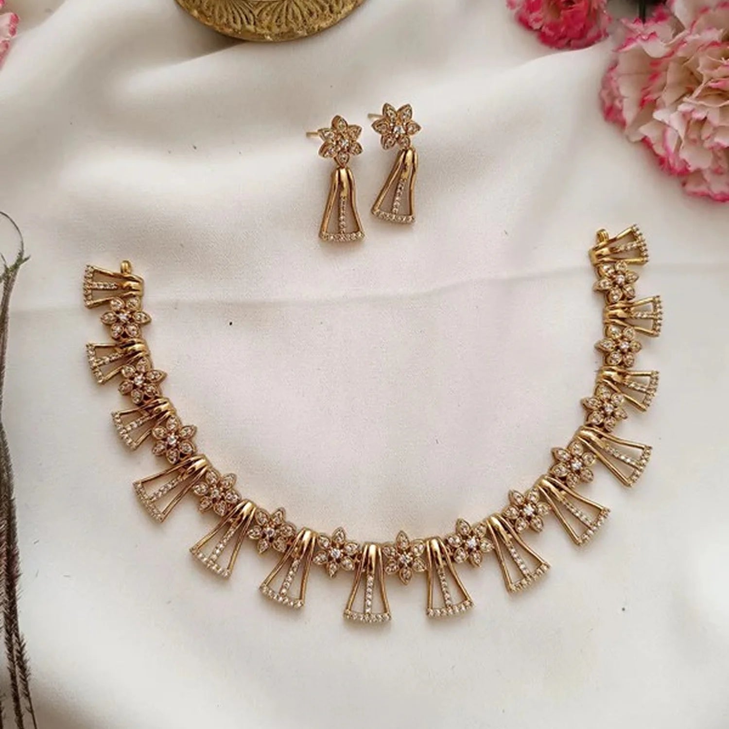 Floral Gold Plated American Diamond Necklace Set