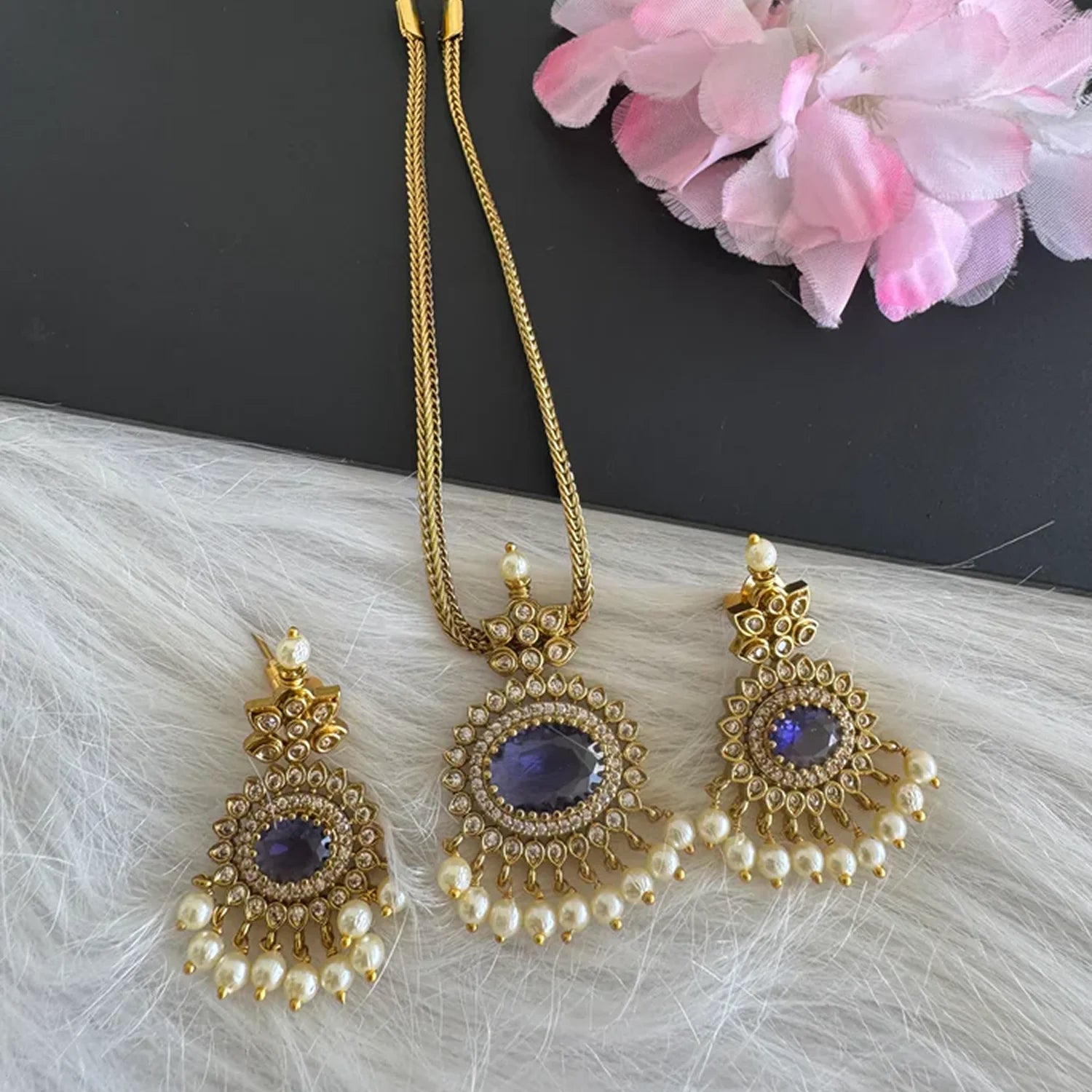 Blue Stone American Diamond Pendant Necklace Set