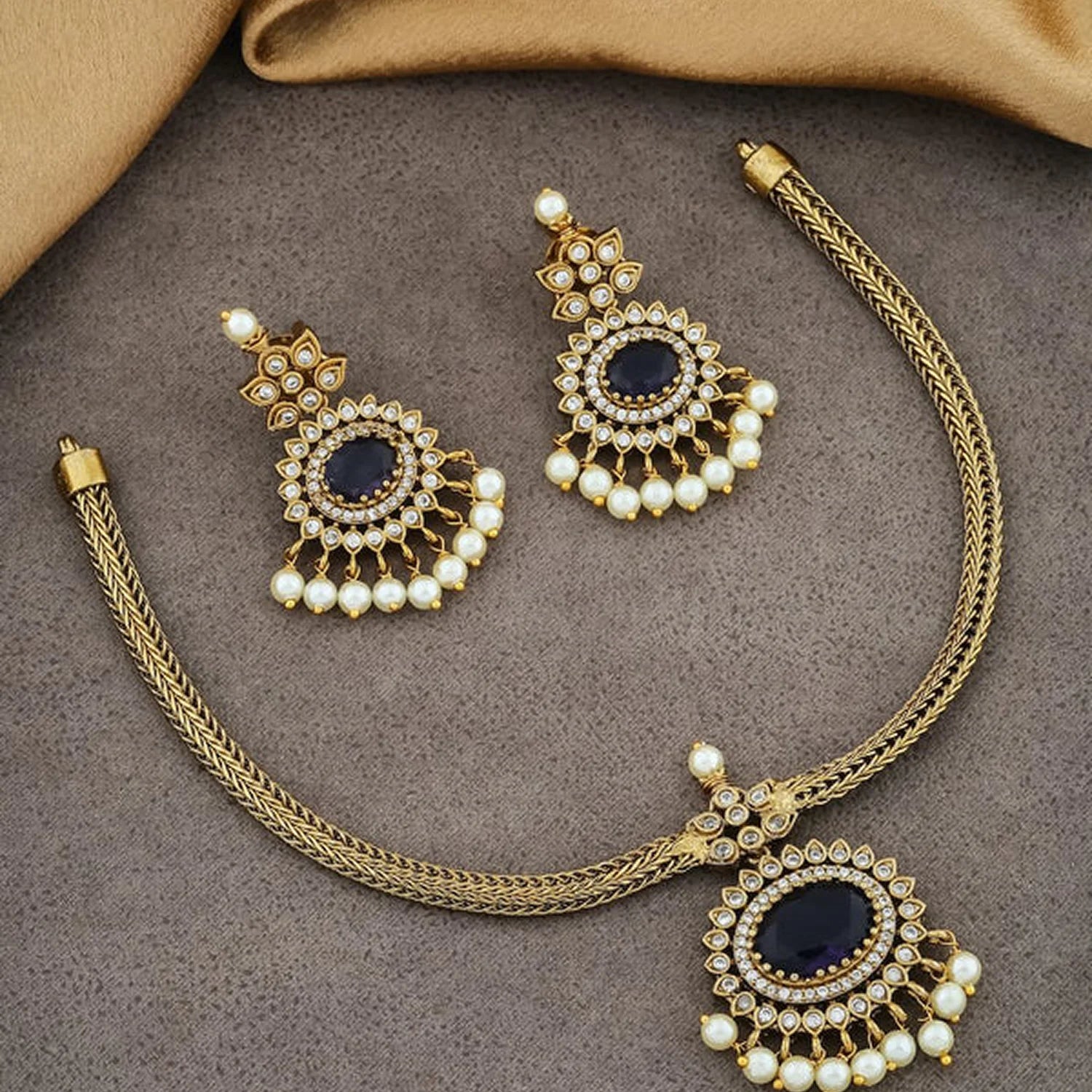 Blue Stone American Diamond Pendant Necklace Set