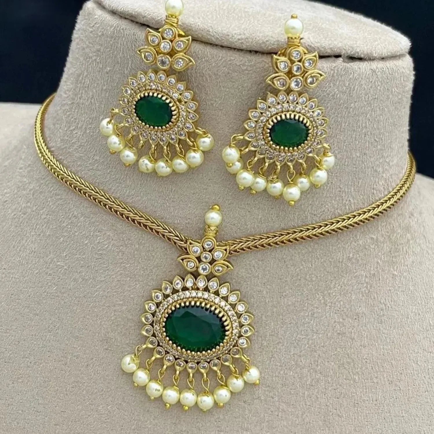 Green Stone American Diamond Pendant Necklace Set