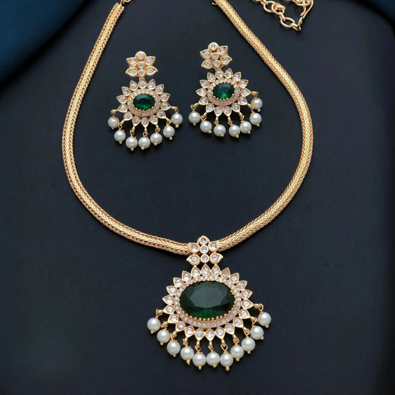 Green Stone American Diamond Pendant Necklace Set