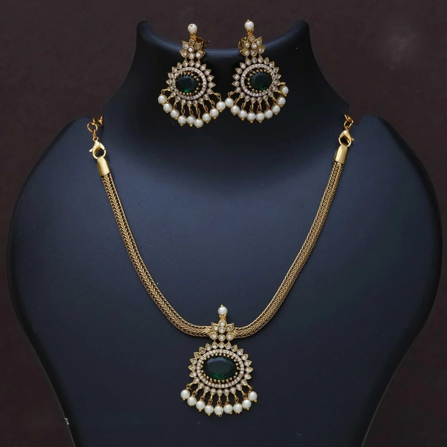 Green Stone American Diamond Pendant Necklace Set