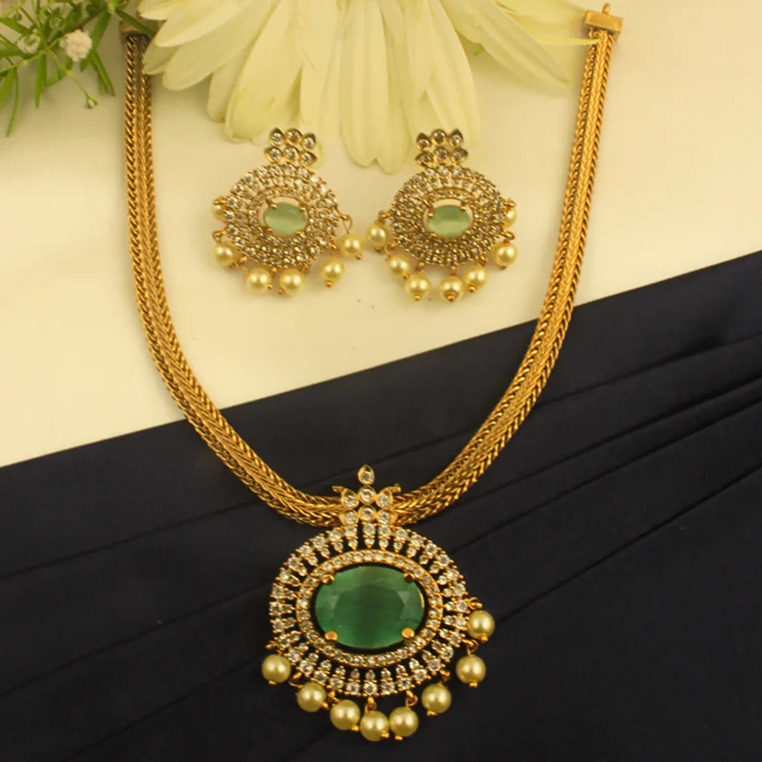 Green Stone American Diamond Pendant Necklace Set