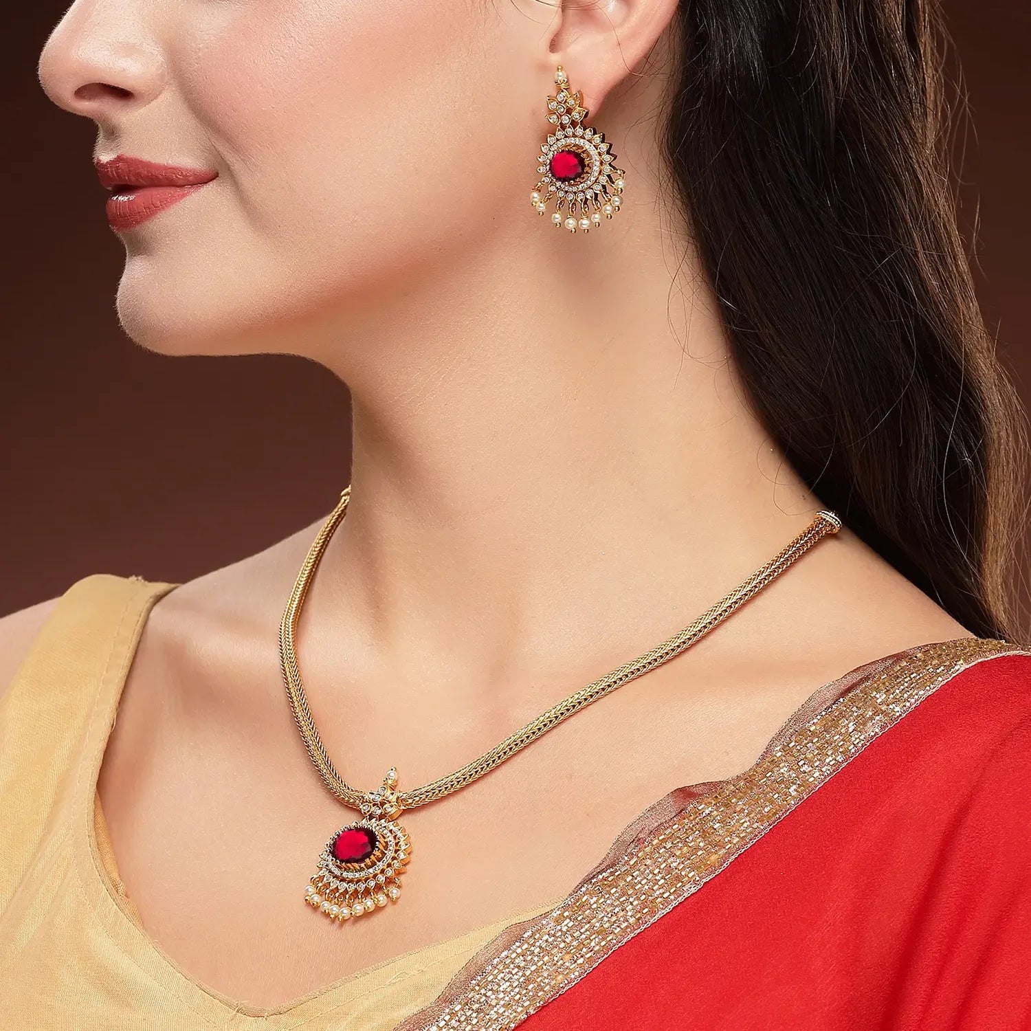 Red Stone American Diamond Pendant Necklace Set