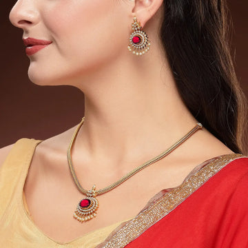 Red Stone American Diamond Pendant Necklace Set