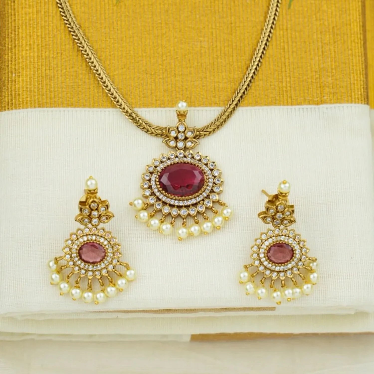 Red Stone American Diamond Pendant Necklace Set