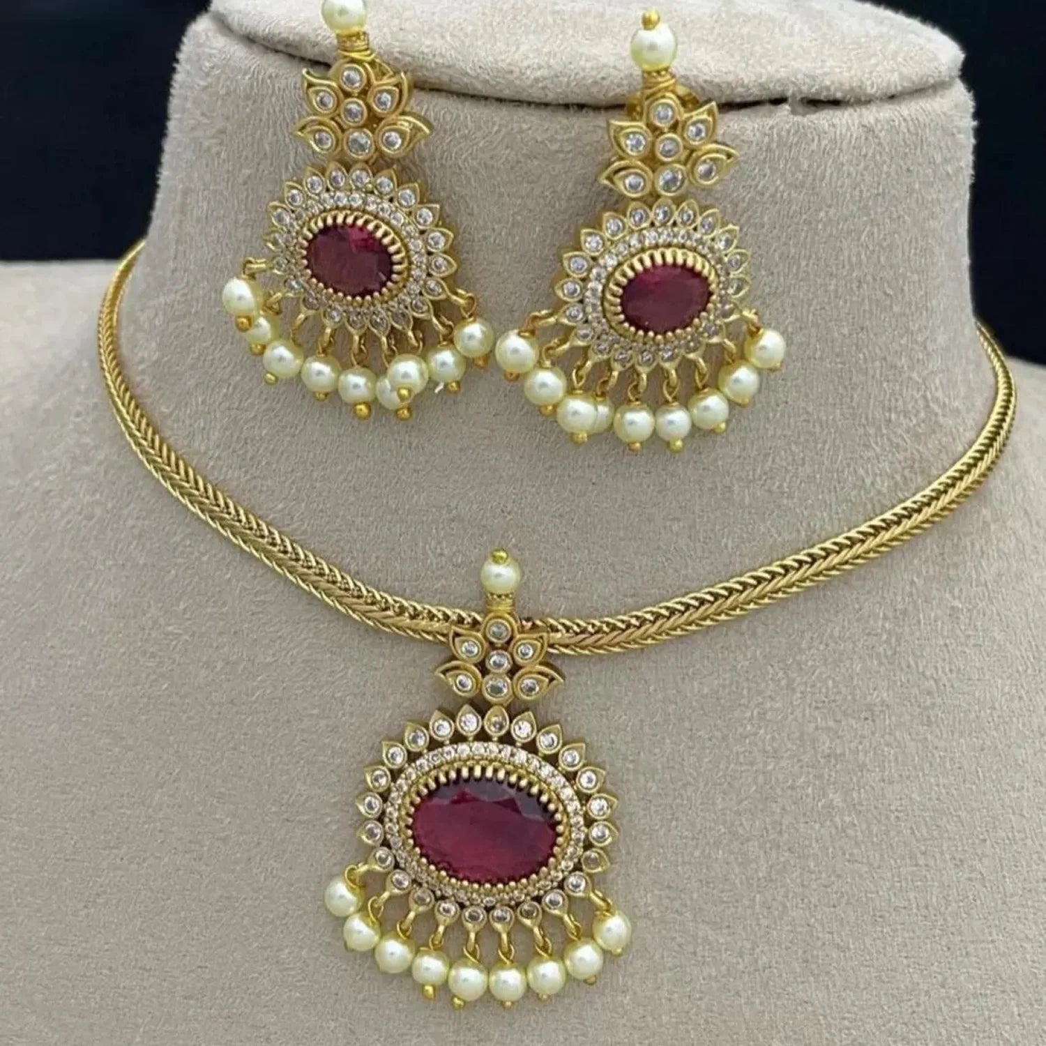 Red Stone American Diamond Pendant Necklace Set